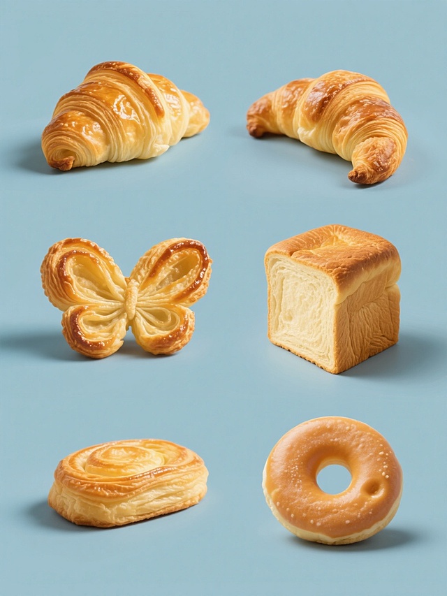 一张展示6款不同烘焙点心的集合海报，保持高清食品摄影风格，纯色背景，每款点心都拥有金黄诱人的色泽、清晰的纹理细节和柔和的高光阴影效果，6款点心规整排布形成系列感，包含可颂、丹麦酥、牛角包、蝴蝶酥、金砖面包、甜甜圈，整体画面明亮干净，突出烘焙食品的质感与美味，视觉层级清晰，信息传达高效，符合美食宣传海报的设计感与目标受众审美。