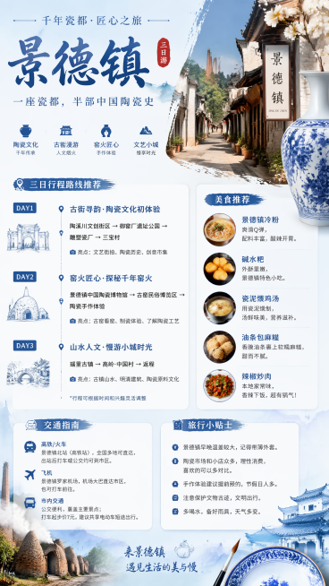 制作一张竖版的景德镇三日游旅游攻略海报，包含古街、陶瓷窑、青花瓷等元素，整体风格文艺清新，清晰展示行程路线、美食推荐、交通提示和旅行小贴士预览效果