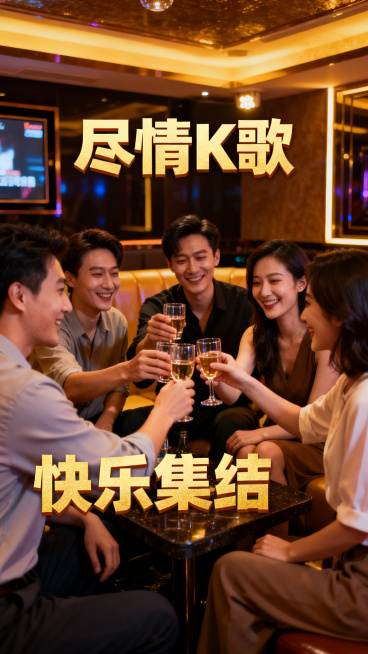 西安KTV包厢，好友们举杯互动，暖色调灯光，添加“尽情K歌”“快乐集结”文字，无公司名称、联系方式、二维码预览效果