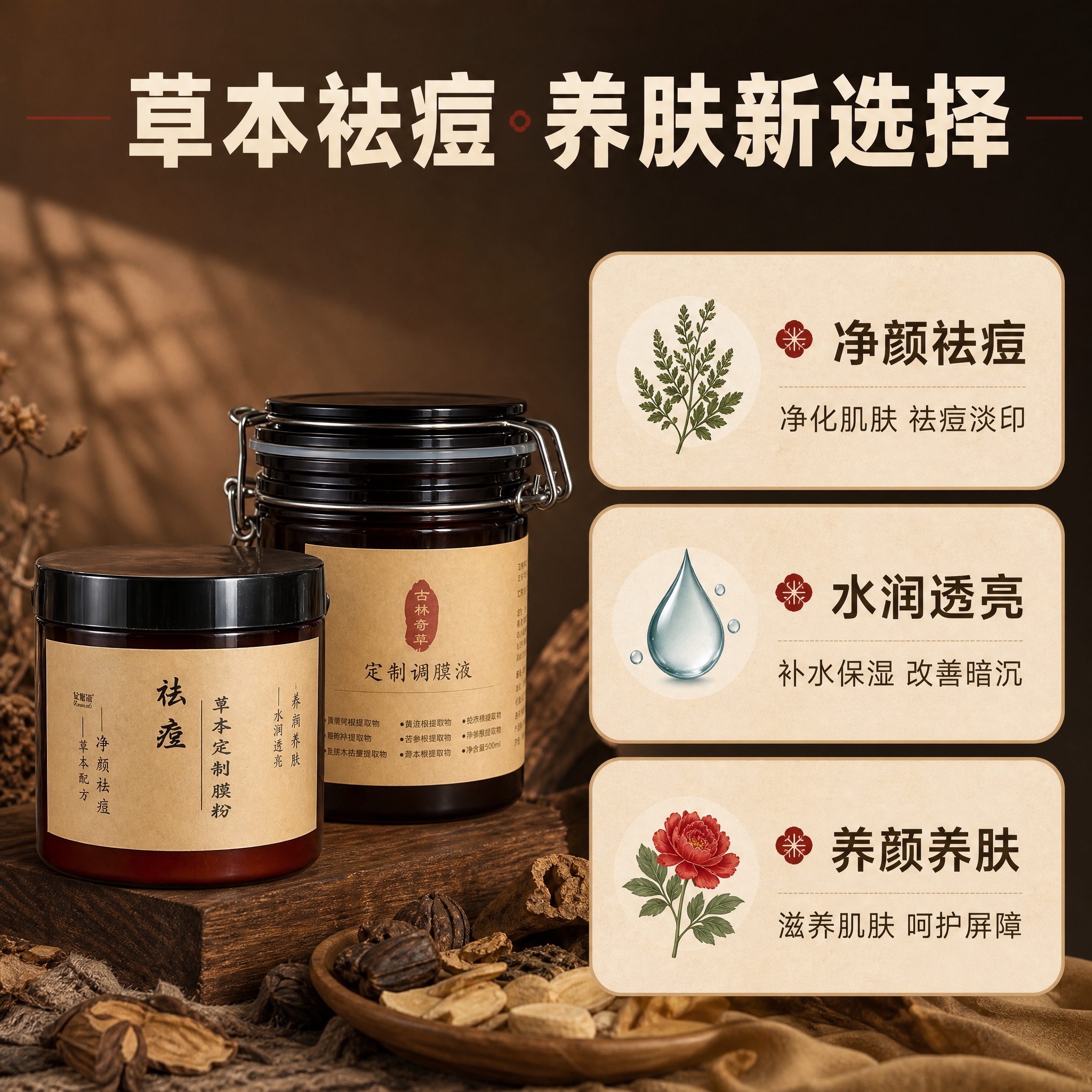 [主图-4] 功效卖点总结，展示净颜祛痘、水润透亮、养颜养肤三… - 图片创意预览