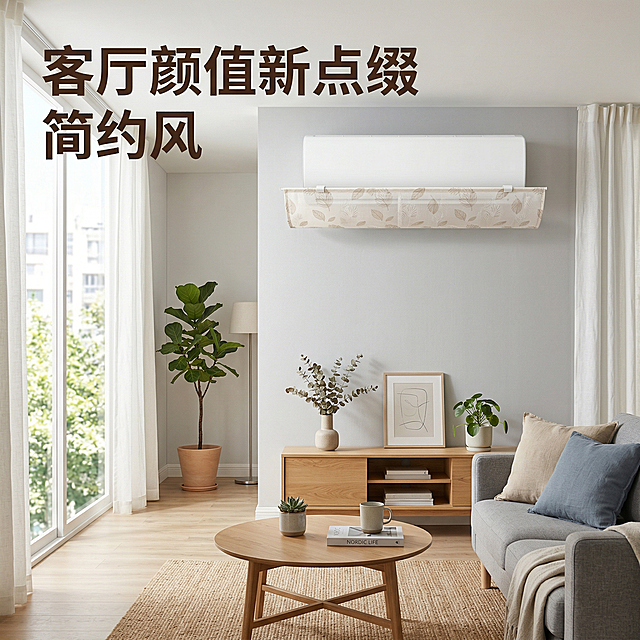 [主图主题] 空调挡风帘客厅场景展示图
[氛围/风格] 清新治愈北欧风，宽敞明亮客厅自然光
[画面元素] 空调挡风帘安装在客厅大挂机上，浅灰色墙面，浅原木电视柜搭配灰色沙发，落地窗透进充足自然阳光，空间干净整洁简约大气，产品展示清晰
[配色色系] 低饱和莫兰迪色系，干净清爽北欧风
[字体规范] 所有字体颜色统一使用深棕色，风格统一简约
[视角构图] 平视空间构图，背景铺满全屏，主体突出
[文字版式] 主标题 "客厅颜值新点缀"，深棕色无衬线粗体悬浮左上角，不遮挡产品
[分辨率] 2k
