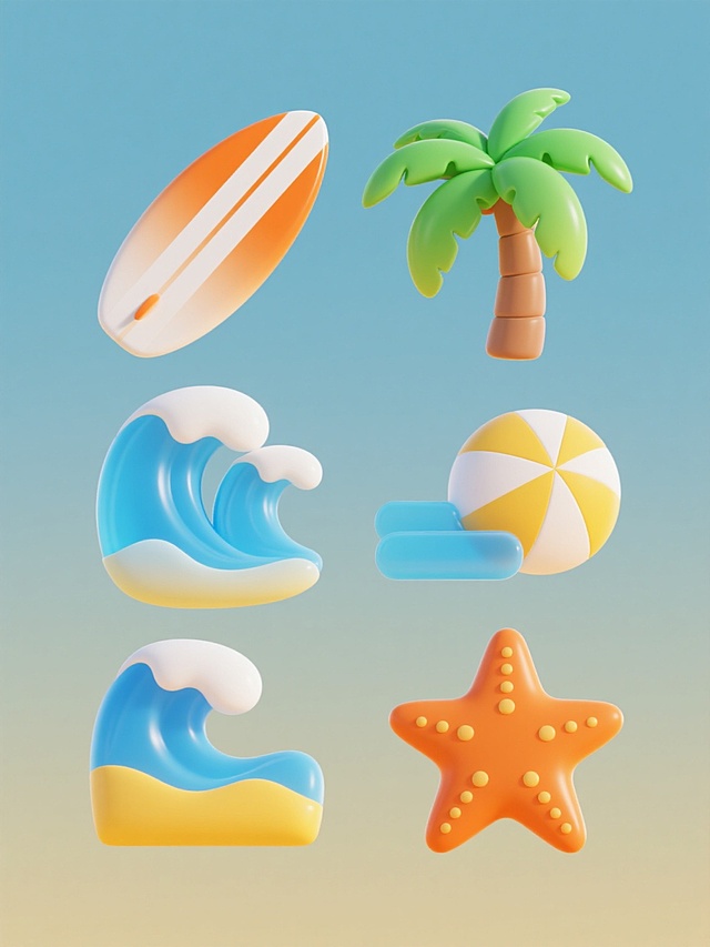 6个规整排布的3D立体素材，每个素材均保持简约现代造型，主体包含橙白渐变冲浪板、绿色棕榈树、蓝色浪花、橙色海星等夏天氛围元素，采用光滑塑料质感与半透明渐变效果，搭配明亮的蓝黄橙配色方案，统一置于纯色背景上，无文字、无logo、无水印，整体呈现清新明快的夏日气息。