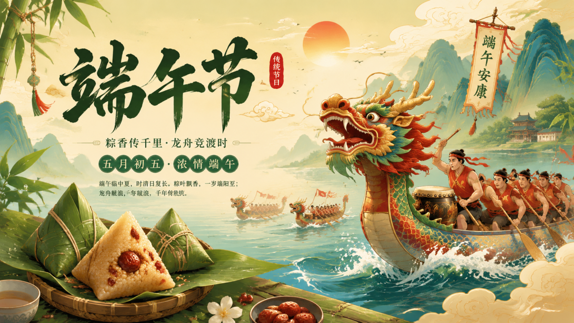 端午节主题海报，画面包含粽子和划龙舟元素，传统国风风格，氛围喜庆预览效果