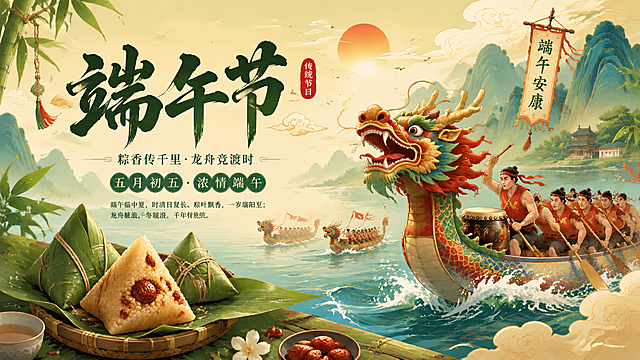 端午节主题海报，画面包含粽子和划龙舟元素，传统国风风格，氛围喜庆