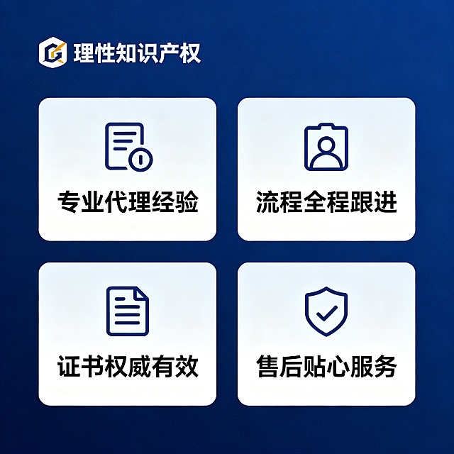 [主图2]版权登记服务核心亮点主图，商务深蓝色背景，左上角放置理性知识产权LOGO，采用信息卡矩阵2×2布局。四个卡片分别展示核心优势：专业代理经验、流程全程跟进、证书权威有效、售后贴心服务。每个卡片配简约对应图标，整体风格专业简洁，对比度高，文字清晰不遮挡主体和LOGO。