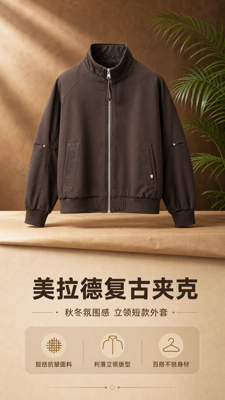 [商品] 使用【图1】深棕色立领拉链夹克；商品处理：保留立领、… - 图片创意预览