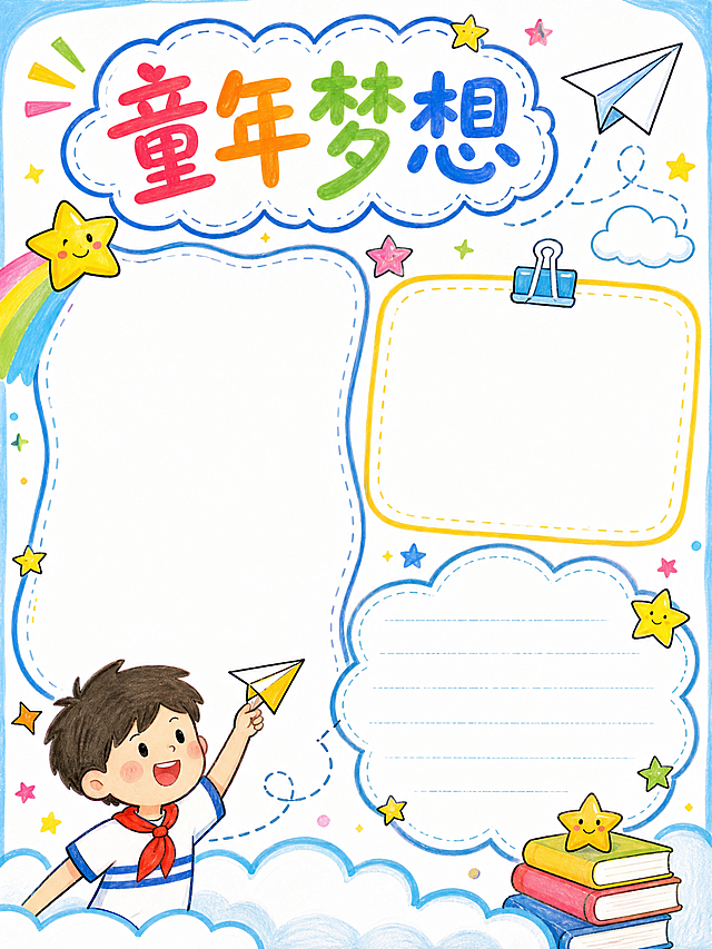儿童节手抄报，马克笔手绘风格，包含童年梦想主题，纸飞机、星星装饰元素，竖版简洁排版，留出充足文字区域，清新马克笔色彩，竖版A4尺寸