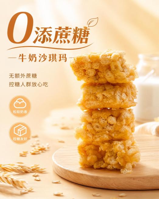 商品营销海报，产品为牛奶沙琪玛，100% 还原上传商品图的产品外形、结构、比例、材质质感、颜色，设计仅作用于背景、光影、道具、版式和文字区。风格为写实商业摄影，健康轻食风，整体暖调浅色系，突出食欲与健预览效果