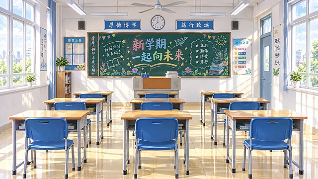 国漫CG风格教室场景插画，明亮宽敞的现代化教室，九张木质课桌每三张并排整齐摆放成三列，配套的蓝色塑料座椅整齐排列在课桌前，前方有墨绿色黑板，黑板上有彩色粉笔绘制的黑板报图案，讲台上放着粉笔盒和课本，两侧墙壁有白色窗户透进柔和的自然光，地面是干净的米黄色瓷砖，天花板有白色日光灯和吊扇，整体色调清新明快，线条流畅细腻，国漫二次元CG渲染质感，光影柔和层次分明，细节丰富精致，画面比例16:9