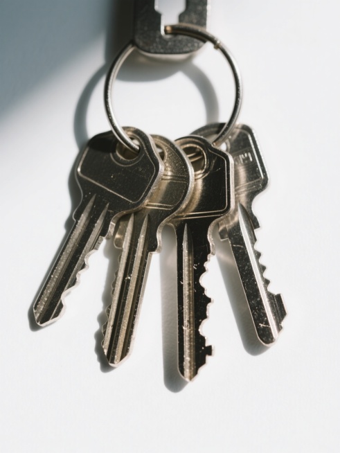 4把不同样式的金属钥匙，每把钥匙都具有独特的齿纹和形状设计，钥匙表面呈现出真实的金属质感，带有细微的划痕和反光效果，钥匙通过一个圆形金属环串在一起，整体以垂直方向整齐排列在纯白色背景上，光线从斜上方照射，在钥匙下方形成柔和自然的阴影，画面清晰锐利，构图简洁，突出钥匙的细节和金属材质感。预览效果