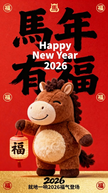 纯正面小马，Q版棕褐配色的拟人毛绒小马公仔（腹部是浅米色毛绒，单眼眯起微笑，鬃毛为深棕短绒质感，圆鼓鼓的肚子），站立，一手提 “福” 字圆柱形灯笼；红色背景，搭配红 / 金（灯笼）；小马公仔位于画面中预览效果
