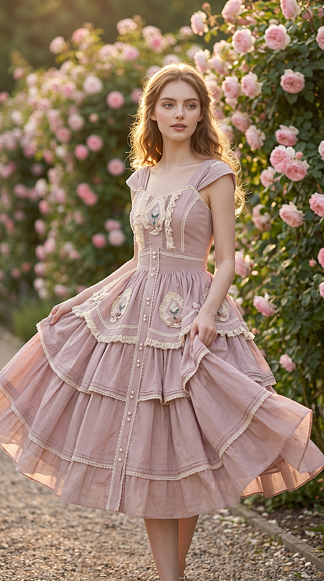 9:16 竖版，竖屏全身动态构图，电商服饰氛围感摄影，8K 超高清，超写实商业摄影，杂志级电影感排版。画面主体为严格 1:1 还原图 2 的白人年轻女性模特，完全还原模特的五官、身形、浅金棕色微卷中长发，发型为自然披发，发丝随动作轻微飘动，妆容为清透自然裸妆，无夸张修饰。模特身穿严格 1:1 还原图 1 的灰粉色 Lolita 连衣裙，1:1 还原所有设计细节：三层蛋糕大摆的分层结构、每层裙摆的蕾丝包边、腰节处的刺绣、门襟珍珠扣、小飞袖设计，面料垂坠感与蓬松度精准还原，无任何变形、异化。模特侧身朝向镜头，呈自然走动的动态姿势，前脚微抬，后脚蹬地，身体微微转动，一只手轻提裙摆边缘，另一只手自然垂落，表情温柔松弛，眼神看向侧前方，完整展示走动状态下裙摆的自然蓬松感、灵动飘逸的垂坠效果，突出三层蛋糕裙摆对胯部、腿部线条的遮挡修饰效果，遮肉显瘦的核心卖点。拍摄场景为法式蔷薇花海步道，背景为浅虚化的粉色蔷薇花墙与碎石步道，画面光影为下午 4 点黄金时刻柔光，逆光拍摄，发丝与裙摆边缘有自然轮廓光，主体服饰细节清晰，无过曝，画面动态感十足，杂志式满屏氛围感排版，突出服饰的场景适配性与版型优势，适配电商详情页氛围感展示。