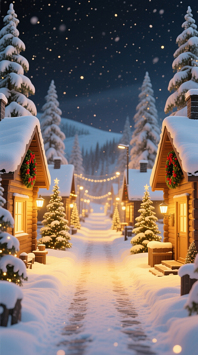 3D 虚拟自然环境，背景是北欧雪镇的夜景，两侧木屋和圣诞树覆雪，点缀圣诞花环，占比小一些，街道铺雪，暖黄 + 雪白配色，明亮温馨。