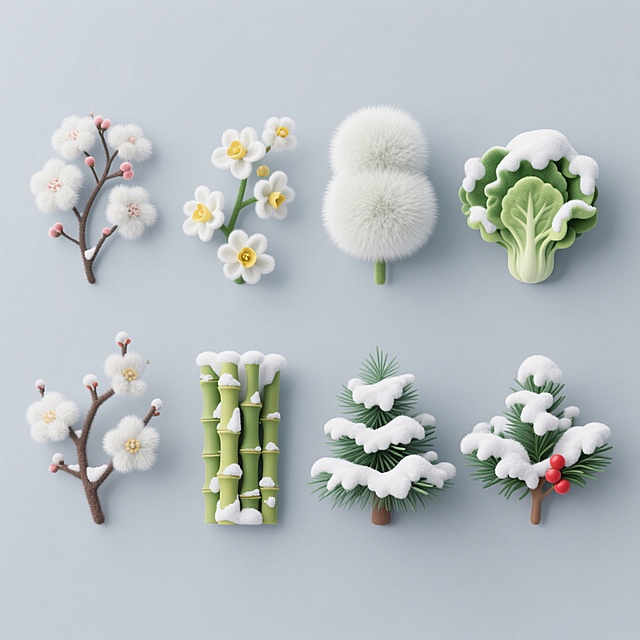 软3D风拟人植物，毛发生长质感，清新柔和，雪覆枝叶，冬日舒适感，粘土质感设计，节日氛围浓厚。