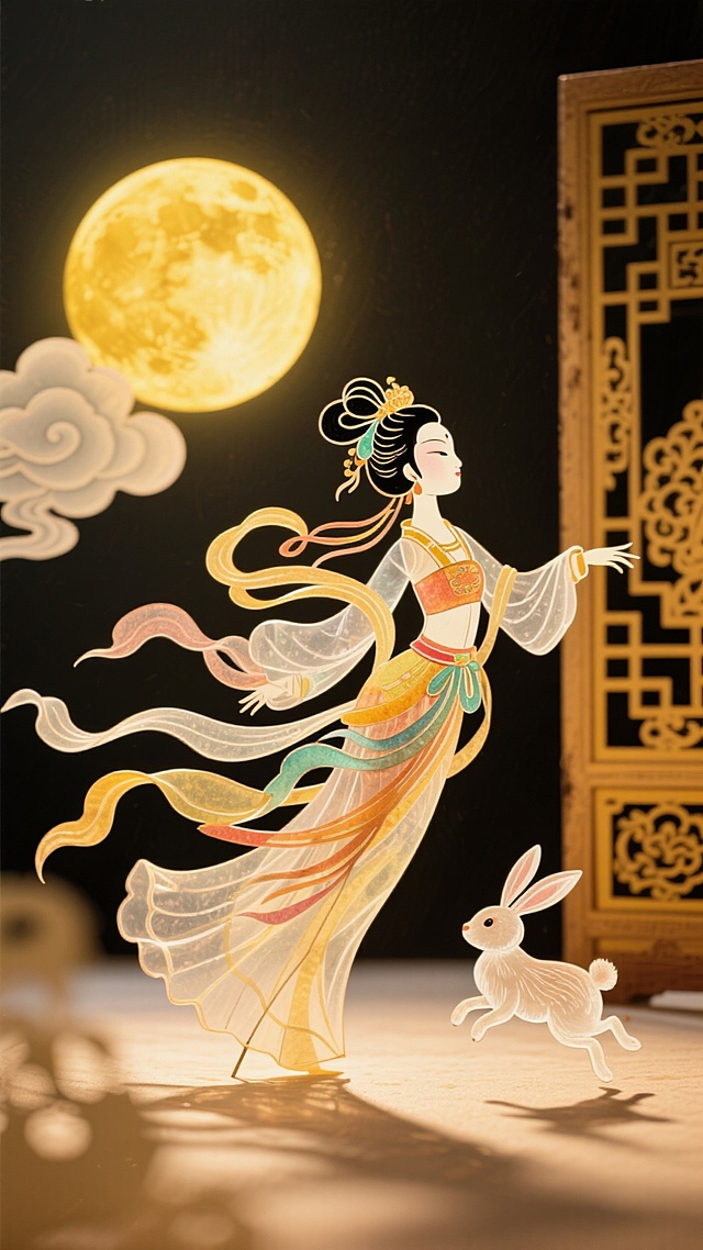 剪纸风与皮影风融合的中秋插画，古典中式美感中透出梦幻与优雅，嫦娥轻舞于明月之下，玉兔相伴，光影交错间诉说千年神话故事。