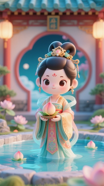 软3D风格，麻姑献寿主题，华丽古装古风Q版仙女，站在温泉池旁，手捧仙桃，整体画面仙气飘飘，细节拉满，服饰精致华丽，国风仙幻预览效果
