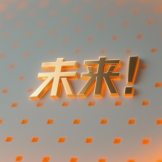 一张简约现代风格的设计素材，纯橙色系背景，中央为规整排布的单一“未来”元素图案，“未来”采用金属质感的金色立体设计，边缘锐利清晰，带有明亮的高光和橙色光效，光效穿过并向四周扩散，形成渐变的橙色光晕，整预览效果