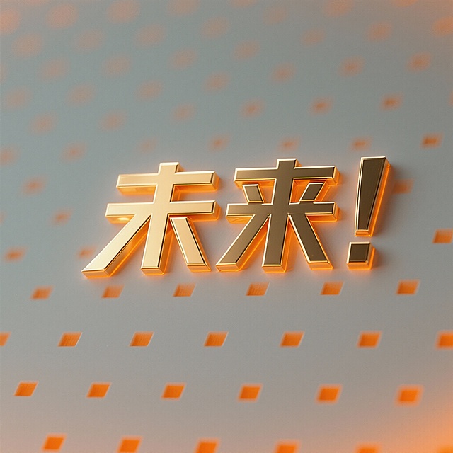 一张简约现代风格的设计素材，纯橙色系背景，中央为规整排布的单一“未来”元素图案，“未来”采用金属质感的金色立体设计，边缘锐利清晰，带有明亮的高光和橙色光效，光效穿过并向四周扩散，形成渐变的橙色光晕，整体造型简约大气，无任何文字、logo和水印。