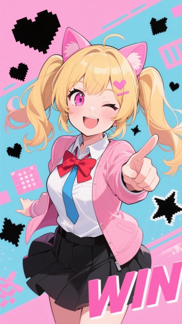 二次元动漫风格人像，金发双马尾少女，头戴粉色猫耳发饰，粉色眼眸，嘴角上扬露出开心笑容，左眼微微眯起，身着白色上衣搭配蓝色领带和粉色外套，胸前系着红色蝴蝶结，黑色短裙，右手伸出指向观者，背景为粉色为主色调的活力四射场景，点缀着黑色心形、星星、像素风格图案和粉色"WIN"字样，整体画面色彩鲜明、充满动感与青春气息，线条流畅，角色表情生动可爱，洋溢着欢快活泼的氛围。预览效果