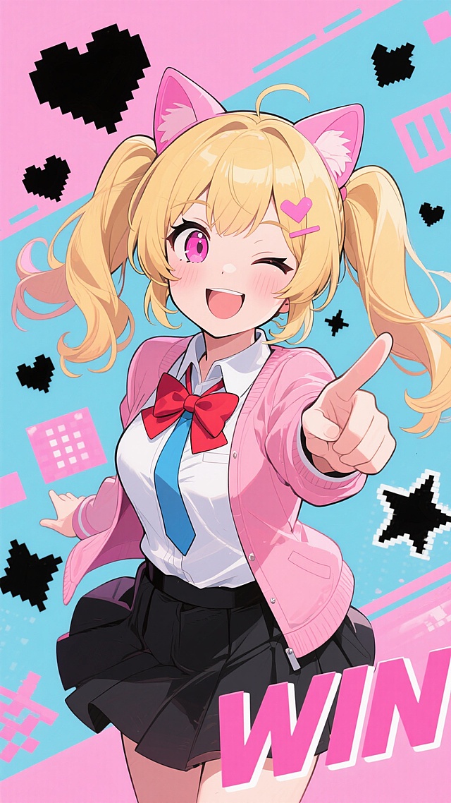 二次元动漫风格人像，金发双马尾少女，头戴粉色猫耳发饰，粉色眼眸，嘴角上扬露出开心笑容，左眼微微眯起，身着白色上衣搭配蓝色领带和粉色外套，胸前系着红色蝴蝶结，黑色短裙，右手伸出指向观者，背景为粉色为主色调的活力四射场景，点缀着黑色心形、星星、像素风格图案和粉色"WIN"字样，整体画面色彩鲜明、充满动感与青春气息，线条流畅，角色表情生动可爱，洋溢着欢快活泼的氛围。