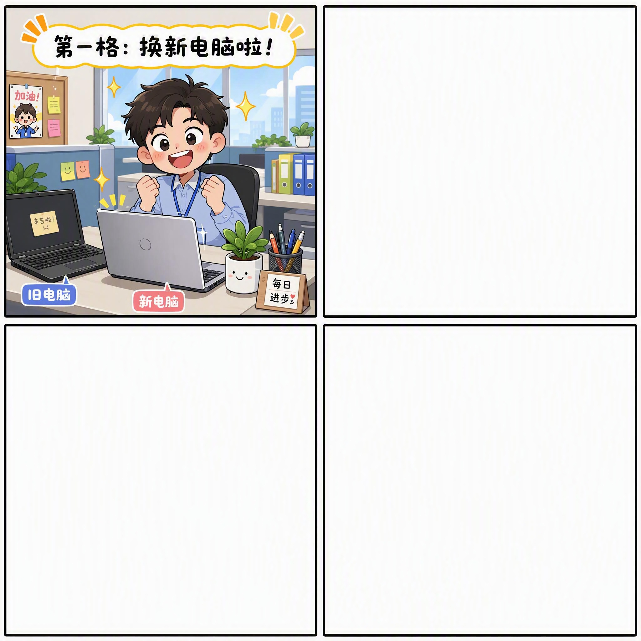 四格漫画，第一格：办公室场景，一位年轻员工坐在工位上，面前放着… - 图片创意预览