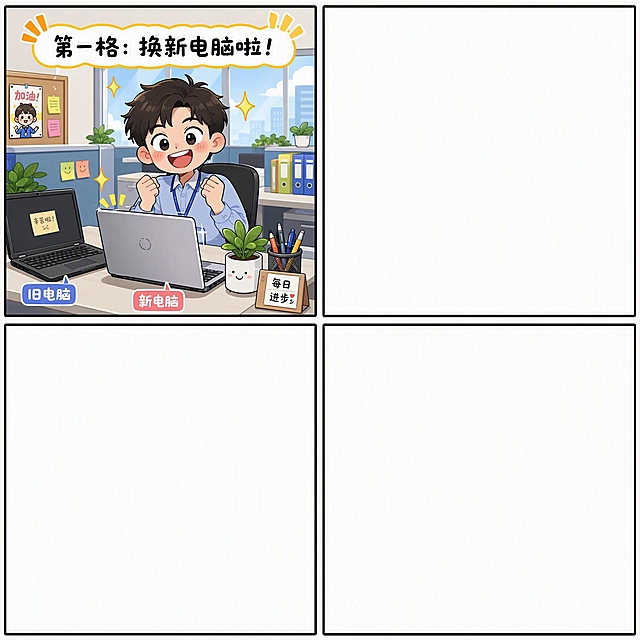 四格漫画，第一格：办公室场景，一位年轻员工坐在工位上，面前放着一台崭新的笔记本电脑，员工满脸笑容很开心，旁边旧电脑还在桌上，画面上方写着"第一格：换新电脑啦！"，卡通风格，简洁明亮，色彩丰富