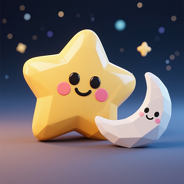 3D立体风格星星月亮组合场景，黄色五角星造型圆润饱满，表面光滑有柔和光泽，黑色椭圆形眼睛搭配微笑弧线嘴巴，脸颊带有粉色圆形红晕，旁边是白色弯月造型，同样具有卡通可爱表情，整体采用低多边形建模风格，光影柔和，色彩明快，营造出温馨治愈的氛围，适合儿童玩具或夜空主题装饰设计。