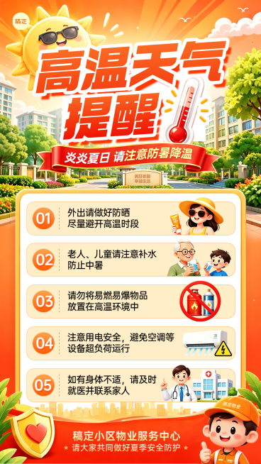 物业管理高温天气提醒卡通风竖版海报预览效果