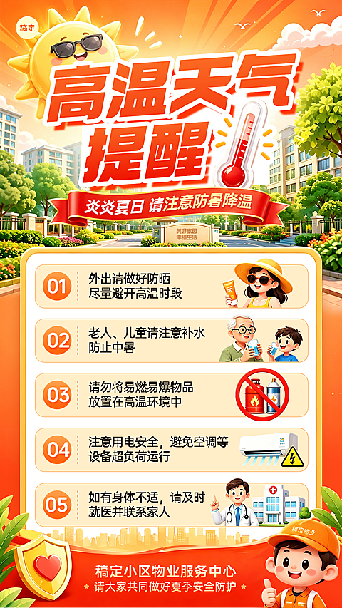 物业管理高温天气提醒卡通风竖版海报