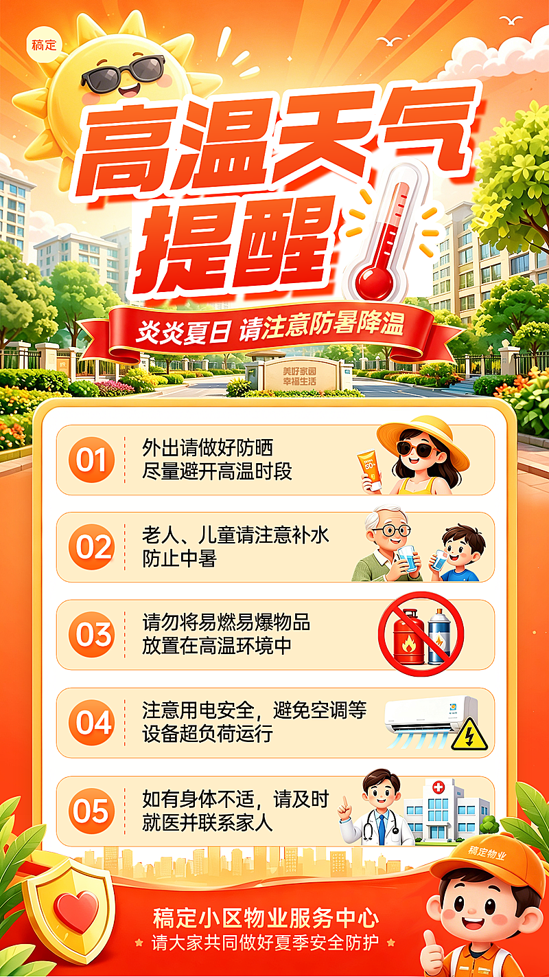 物业管理高温天气提醒卡通风竖版海报