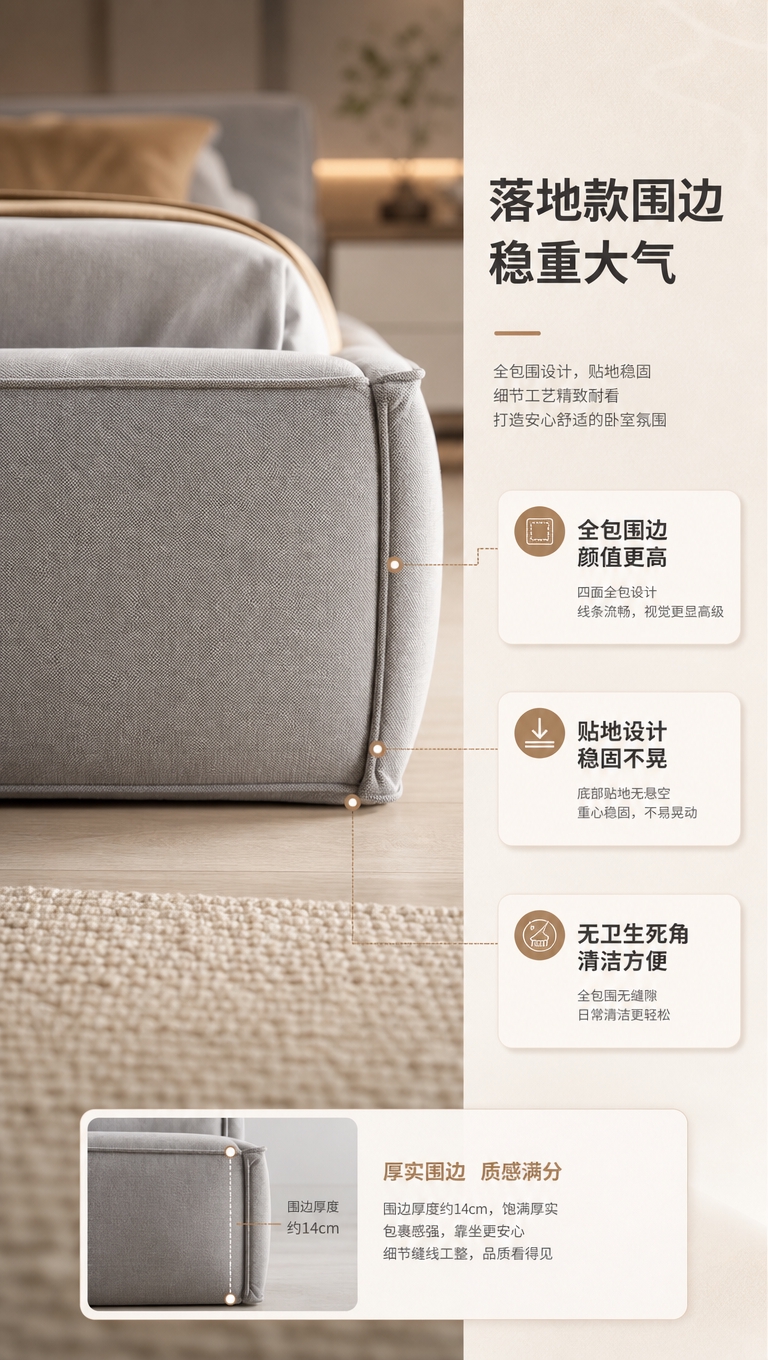 [商品] 使用【图1】灰色软包落地床；重点保留落地围边结构、底… - 图片创意预览