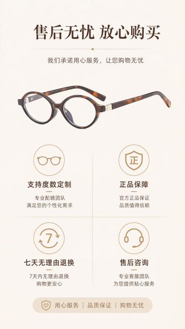 [第8屏] 售后保障页，服务承诺与购买说明。本屏使用【图1】作为产品展示。
[氛围/风格] 安心信任感，简洁正式，清晰明了。
[元素布局] 产品小图放在上方，下方四个图标分别对应：支持度数定制、正品保预览效果