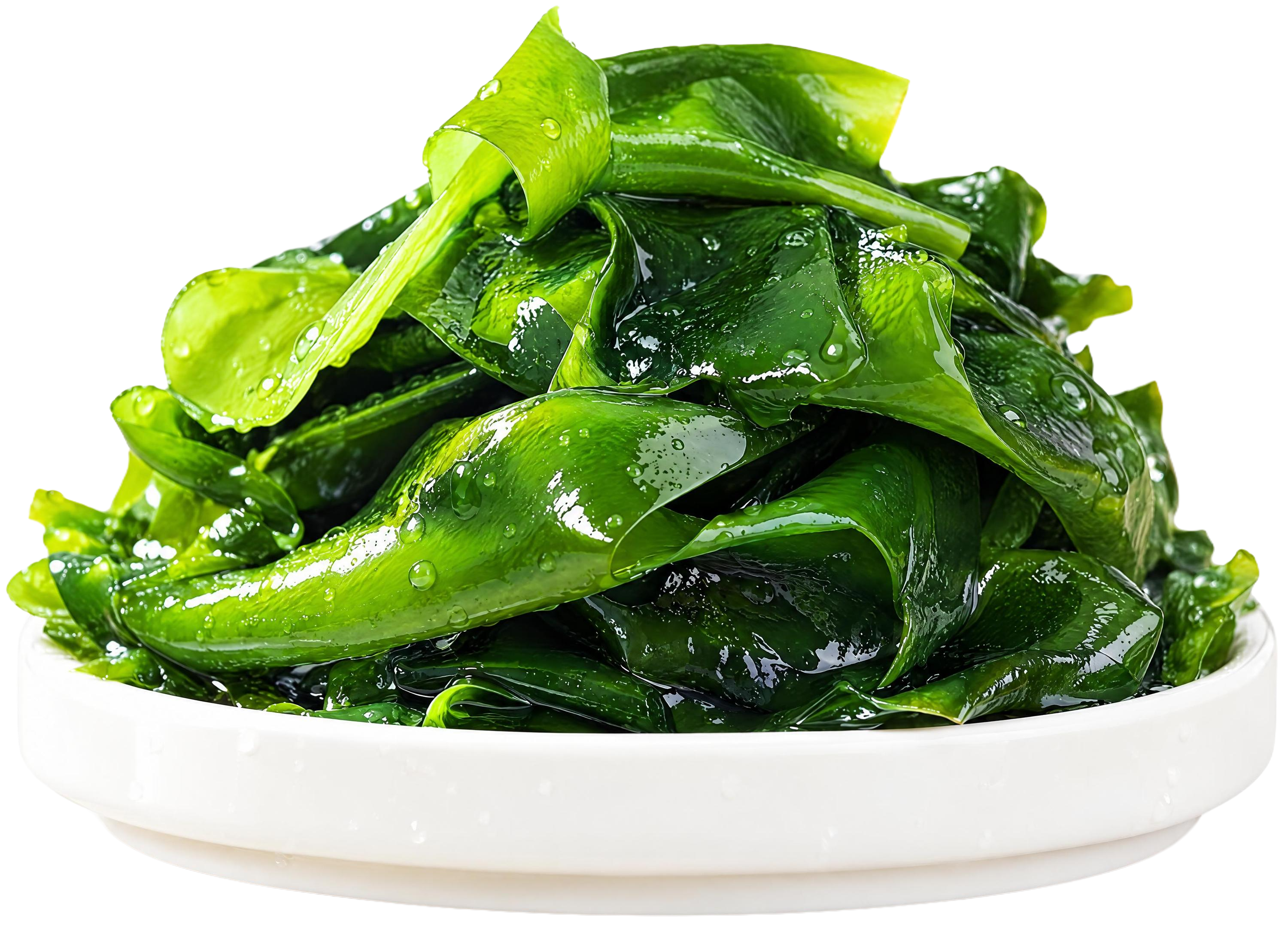 参考图片的美食摄影风格，重新生成一盘新鲜翠绿的裙带菜，堆放在白… - 图片创意预览