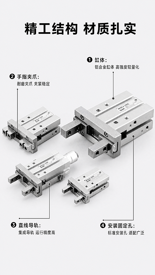 [第4屏] 精工结构材质拆解页 - SMC MHZL2-16D2气缸结构材质说明。本屏使用【图1】作为产品主体，保留整体外观，对核心部件做引线标注说明。[氛围/风格] 专业技术说明风，浅灰背景，清晰标注，简洁专业。[元素布局] 产品主体放置在画面中部偏下，占画面约60%。保持产品外形、结构、材质颜色与输入图一致。从四个核心部件引出标注线，分别标注部件名称和材质优势。顶部大标题，留白充足，标注清晰不拥挤。[光影质感] 均匀布光，产品金属纹理清晰，标注线和文字颜色对比明显，容易阅读。[配色色系] 全局底色：#f0f0f0（浅灰）；产品：银灰色铝合金；标注线：深灰色；文字：黑色。[视角构图] 中心产品+四周标注，上下构图，标题在上，产品标注在下，符合阅读习惯。[文字版式] 顶部大标题 "精工结构 材质扎实"，黑色粗体居中。四个标注分别为：1.缸体："铝合金缸体 高强度轻量化" 2.手指夹爪："耐磨夹爪 夹紧稳定" 3.直线导轨："集成导轨 运行精度高" 4.安装固定孔："标准安装孔 适配广泛"。每个标注文字放在引线末端，清晰不遮挡产品主体。[比例分辨率] 9:16竖版比例，4K分辨率，文字清晰可辨，超高清。[负向提示词] 结构标注错误，气缸变形，文字错乱，颜色偏差，水印，背景杂乱