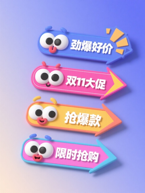 一套4个促销标签素材，排列整齐，标签搭配箭头、爆炸框等电商标签常用元素，每个标签都有眼睛，有不同的表情和颜色，根据文案思考表情情绪，文案分别是：劲爆好价、双11大促、抢爆款、限时抢购预览效果