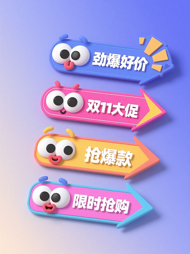 一套4个促销标签素材，排列整齐，标签搭配箭头、爆炸框等电商标签常用元素，每个标签都有眼睛，有不同的表情和颜色，根据文案思考表情情绪，文案分别是：劲爆好价、双11大促、抢爆款、限时抢购