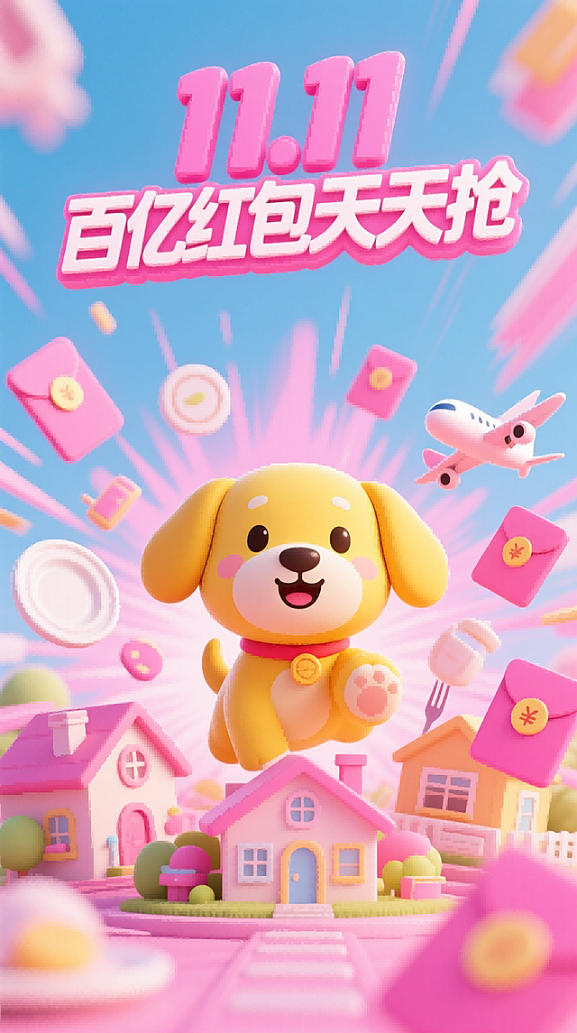 以柔和粉色为主色调，上方是醒目粉色 “11.11红包天天抢” 艺术字体；中间是可爱黄色卡通小狗，周围环绕房屋、餐具、飞机等生活场景图标及粉色红包元素，元素丰富、布局动感，喷射感，动感模糊，传递出活力惊喜的氛围。