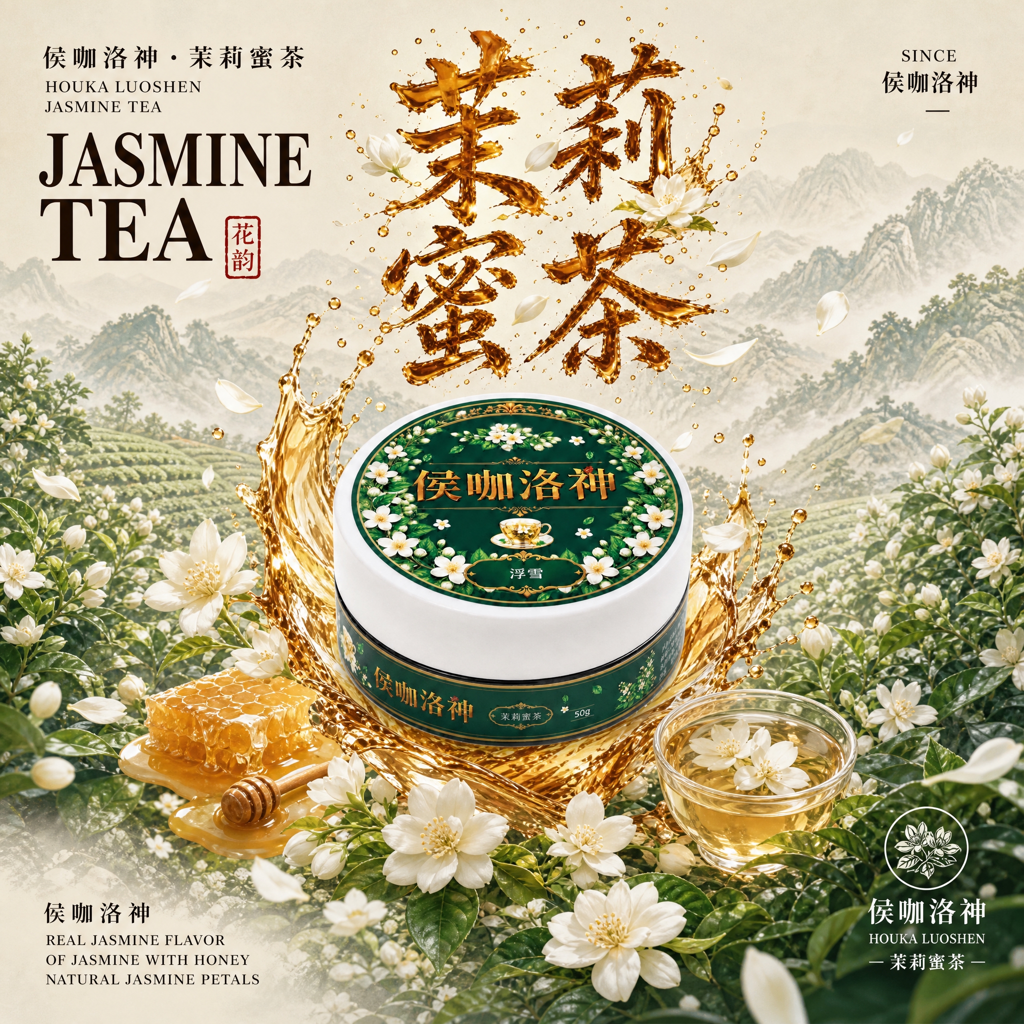 参考伯爵红茶爆款主图的版式风格，生成茉莉蜜茶（浮雪）口味的同系… - 图片创意预览