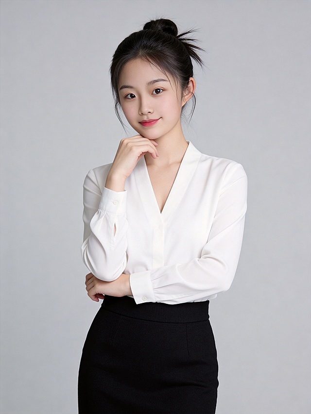 参考第一张图保留人物脸型､年龄等特征生成职场形象照,参考第二张图人物占位和比例,标准焦段50mm,F/4光圈(F/2.8-F/4区间),平视视角(镜头与人物视线齐平);人物占画面70%,人物居中(居中构图),位于画面中心,为视觉聚焦点,入境范围头部及以下至臀部下方10cm(半身像);左右留少量背景空间;头部与画面顶部保留5%空间;头部发型完整;原生肤质白皙细腻(通透自然),韩式精致浓妆(整洁清透通勤妆容)冷调玻璃肌通透底妆,肤质细腻,冷调白皙,极淡裸粉哑光眼影打底,极细内眼线填充睫毛根部,大直径深棕色带细微高光点的自然款美瞳;边缘模糊无生硬轮廓;唇妆:粉调草莓红镜面水光唇釉,唇形饱满､唇峰清晰､唇面透亮光泽,唇周无晕染;腮红:淡粉色氛围感腮红轻扫苹果肌内侧,无明显妆感;身着净白色V领韩式长袖衬衫(优选细腻棉质面料,自带柔和垂坠感,V领弧度修饰颈部线条,袖口微收利落不拖沓);下搭高腰黑色哑面羊毛混纺材质包裙(高腰线设计,通勤感)｡发型为韩式精致高束发,鬓角与颈侧几缕轻盈碎发随性柔和灵动;姿态优雅松弛:左手手轻托下颌;右手自然交叉于臂弯,身姿随性有度,自然松弛感站立姿势｡唇角微微浅笑,眼神澄澈灵动温和明亮,看向镜头,自带职场女性的专业与亲和感;画面整体干净清爽,自信从容｡专业棚拍人像写真,柔和自然布光,4800K中性光色温,面部光比精准控制1:1.3,面部光线均匀;主体锐利清晰,背景:极简纯中度灰色背景(光线呈现均匀柔和干净通透质感),严格按照第一张图内容生成。