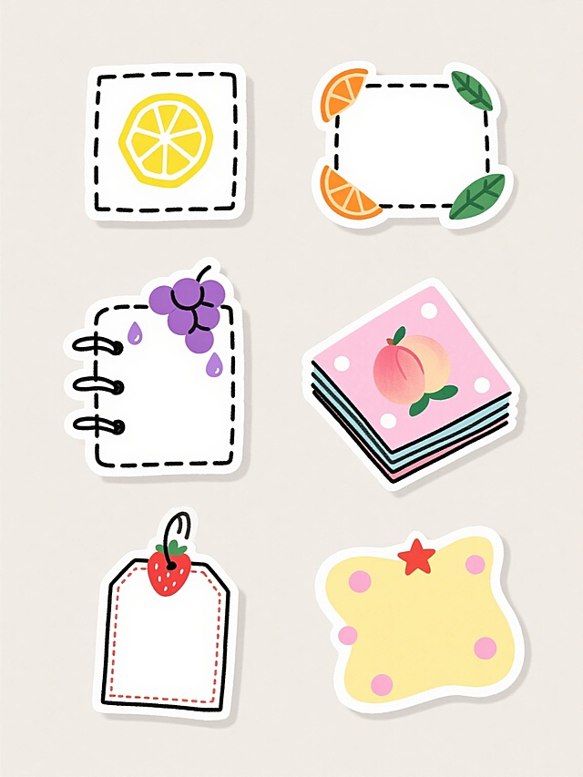 极简手绘风格的便利贴设计集合，白色浅色背景，六个不同形状和装饰的便利贴整齐排列。每个便利贴都有黑色虚线轮廓或实线边框，内部为空白可书写区域。左上角是带有黄色柠檬和六边形蜂蜜图案的方形便利贴，右上角是装饰有橙色切片和绿叶的矩形便利贴，左下角是顶部有紫色葡萄串和水滴图案的带装订环便签本，右下角是叠放的带有粉色桃子和圆点装饰的便签，最下方左侧是悬挂着红色草莓和红色、白色标签的矩形便利贴，最下方右侧是带有黄色抽象形状、粉色圆点和红色星星装饰的不规则边缘便利贴。整体风格可爱清新，色彩明快，线条简洁流畅，充满手绘感和童趣。