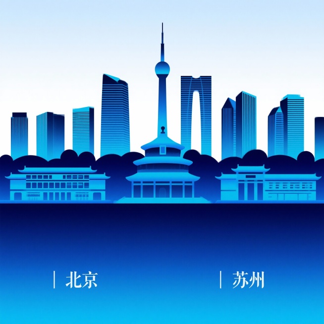 扁平化风格的北京和苏州城市天际线插画，以蓝色渐变为主色调，整体呈现出简洁明快的视觉效果。画面中清晰可见苏州中心，北京天坛等标志性建筑，它们以整齐的横向排列构成城市轮廓。建筑设计采用简约的几何形状，线条预览效果