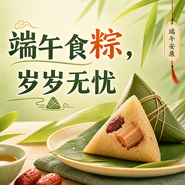 端午主题小程序主图，画面主体是传统粽子，背景是淡雅绿色粽叶，风格简洁大方适合老年人观看，文字清晰醒目，保留文字“端午食粽，岁岁无忧”，整体配色温暖柔和