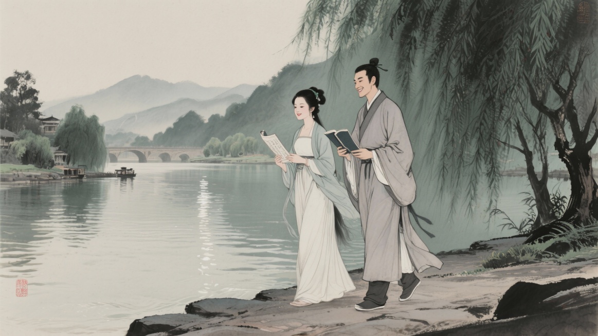 薛涛与元稹在锦江畔漫步，并肩吟诗，神情愉悦预览效果