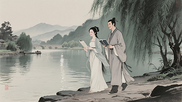 薛涛与元稹在锦江畔漫步，并肩吟诗，神情愉悦