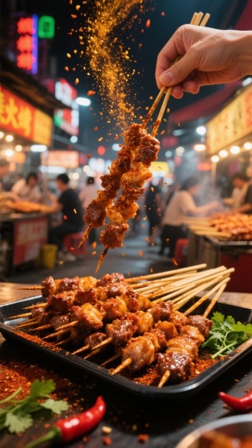 一张热气腾腾的夜市风情烤串海报，前景中一只手正拿着一串撒满辣椒粉的滋滋作响的烤肉串，辣椒粉在空中飞扬，形成金色的细小颗粒轨迹。下方黑色托盘里整齐摆放着多串烤得金黄焦香、油光锃亮的肉串，肉质鲜嫩饱满，表面覆盖着诱人的酱汁和香料，托盘边缘散落着几颗鲜红的小辣椒和翠绿的香菜。背景是热闹的夜市场景，霓虹闪烁，摊位灯光温暖明亮，隐约可见其他食客和更多烧烤摊位，营造出烟火气十足、热闹欢快的氛围。整体画面采……预览效果