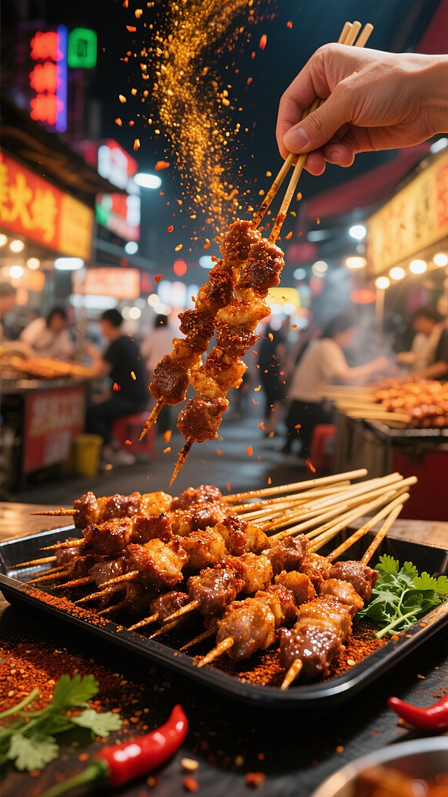 一张热气腾腾的夜市风情烤串海报，前景中一只手正拿着一串撒满辣椒粉的滋滋作响的烤肉串，辣椒粉在空中飞扬，形成金色的细小颗粒轨迹。下方黑色托盘里整齐摆放着多串烤得金黄焦香、油光锃亮的肉串，肉质鲜嫩饱满，表面覆盖着诱人的酱汁和香料，托盘边缘散落着几颗鲜红的小辣椒和翠绿的香菜。背景是热闹的夜市场景，霓虹闪烁，摊位灯光温暖明亮，隐约可见其他食客和更多烧烤摊位，营造出烟火气十足、热闹欢快的氛围。整体画面采用高对比度的暖色调，以橙红和金黄为主，光影效果强烈，突出烤串的油润光泽和食物的质感，光线从上方斜射下来，在肉串上形成明显的高光和阴影，增强立体感，画面充满食欲感和生活气息。
