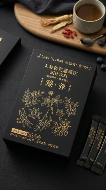 product packaging design for ginseng astragalus blueberry drink solid powder stick, high-end health预览效果