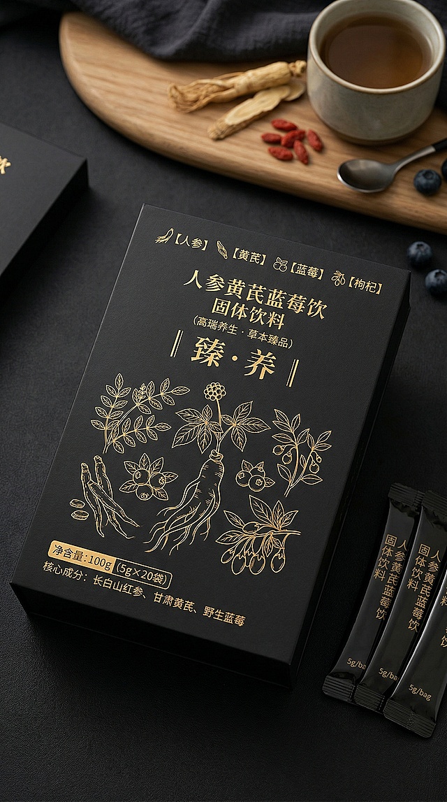 product packaging design for ginseng astragalus blueberry drink solid powder stick, high-end health food, new Chinese style and modern minimalist fusion, matte black background, hot stamping gold process, exquisite line drawing illustrations of red ginseng, astragalus, blueberry and wolfberry plants, traditional Chinese medicinal texture, central symmetrical composition, clear functional area layout on the left, elegant Chinese typography, prominently display specification information "5g/bag, 20 sticks/box", highlight red ginseng astragalus blueberry ingredient logo, highlight solid drink product features, 8k, ultra-high definition, commercial photography, soft light, product photography level, photorealistic photography, avoid low resolution, blurry, ugly, messy lines, overcrowded composition, bright single color, cartoon style, text distortion, bad anatomy, watermark, signature, lack of blueberry elements, incomplete ingredient display, no specification information