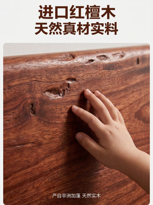 [主图 3] 红檀木材质细节展示。保持产品原有材质纹理颜色不变，微距放大展示实木纹理。氛围风格：真实高级材质特写。画质：超高清商业摄影，纹理凹凸清晰可见。元素：全屏放大展示非洲红檀木实木框架表面，木纹预览效果