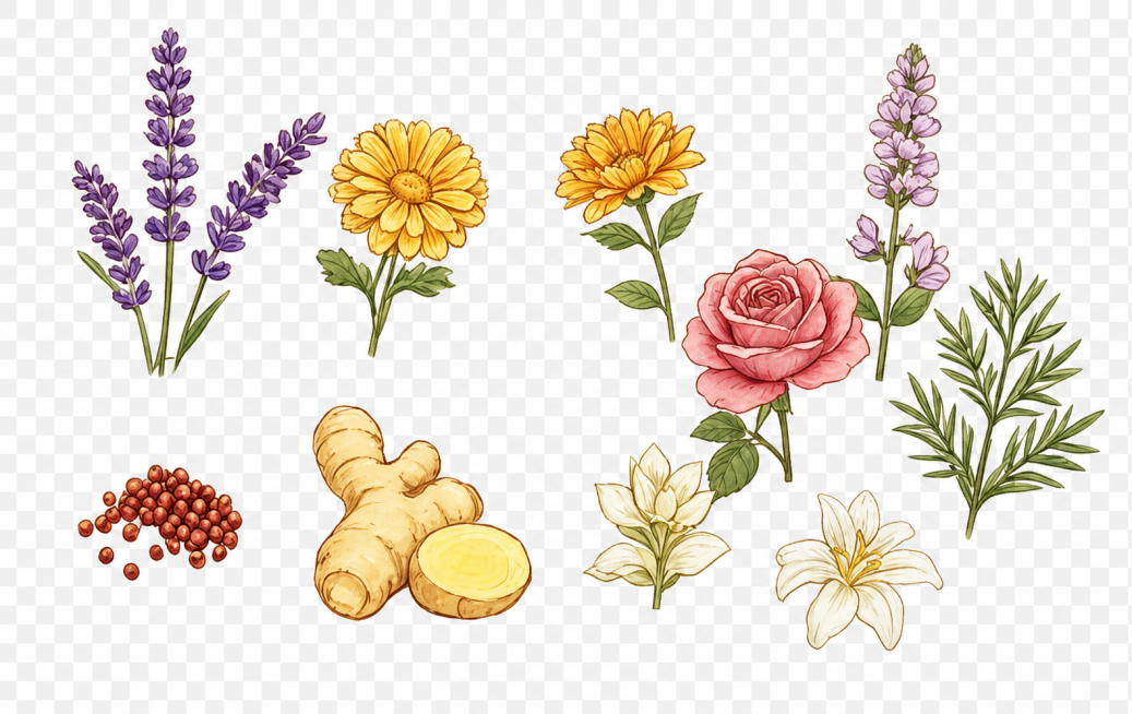 提取这张图片中的所有植物插画，包括生姜、薰衣草、向日葵、玫瑰、百合花等，保留插画原有的手绘水彩风格，去除包装上的文字和其它背景元素，只保留插画内容，背景为透明预览效果